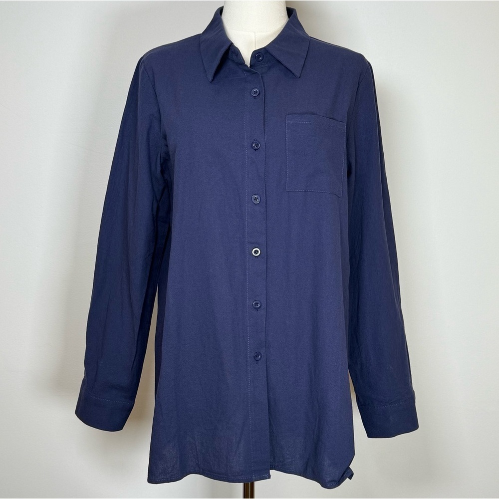 Cotton Long Sleeve Navy Button Front Wrinkle Free Shirt Women’s Size Medium